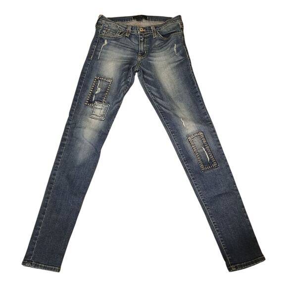 Flying Monkey Platinum Distressed Sashiko Boro Patched Womens Skinny Jeans Sz 28 - Picture 3 of 13